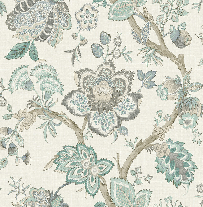 Seabrook Wallpaper Bernadette Jacobean Summer Sky & French Blue French Country  United States 60.75 27" 27"  - My Fabric Connection -