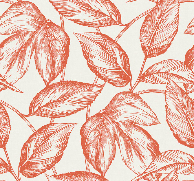 Seabrook Wallpaper Beckett Sketched Leaves Rich Coral Summer House  United States 60.75 25.2" 27"  - My Fabric Connection -