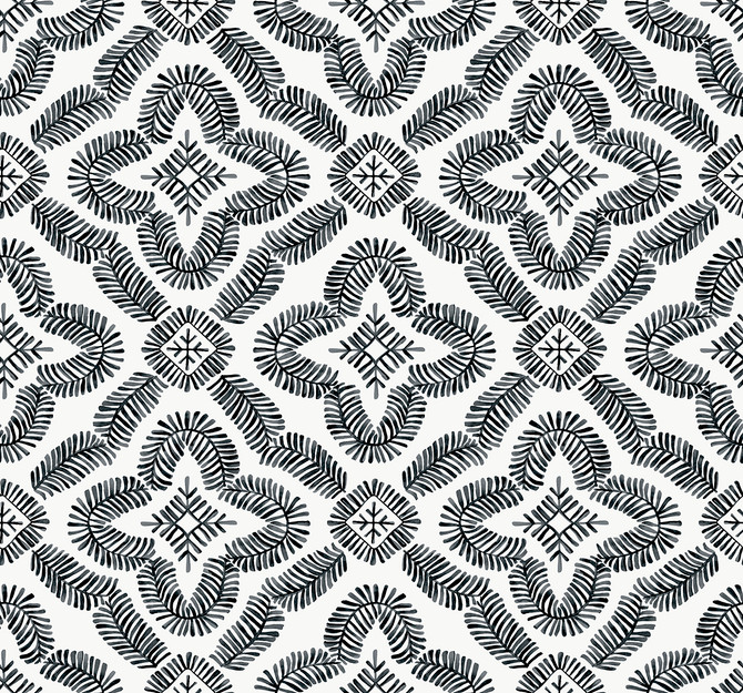 Seabrook Wallpaper Talia Botanical Medallion Black and White Summer House  United States 60.75 12.6" 27"  - My Fabric Connection -