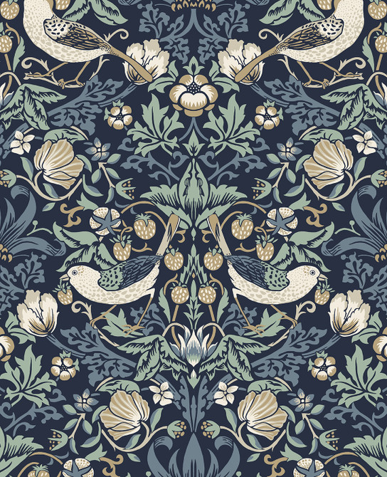 Seabrook Wallpaper Fragaria Garden Navy Blue & Aloe Legacy Prints  Netherlands 57.5 25.2" 20.9"  - My Fabric Connection -