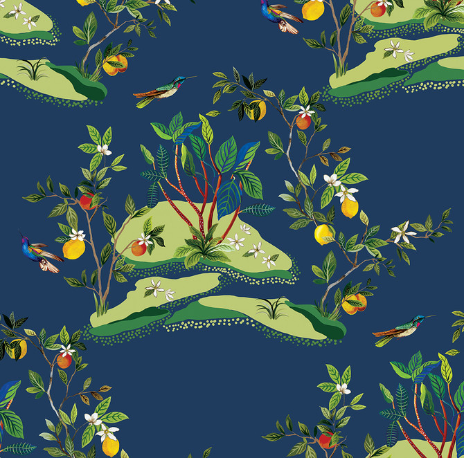 Seabrook Wallpaper Citrus Hummingbird Navy Blue West Boulevard Collection  United States 60.75 27" 27"  - My Fabric Connection -