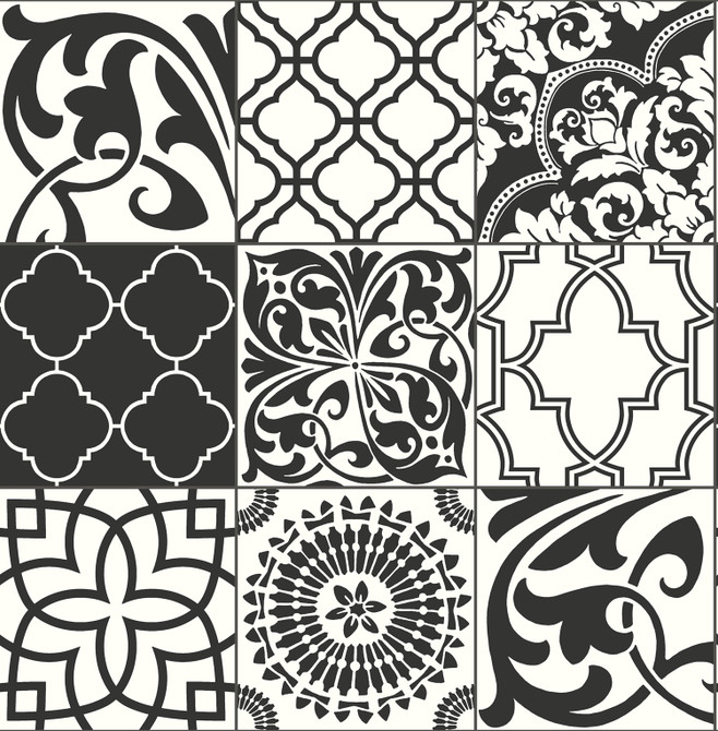 Seabrook Wallpaper Black and White Graphic Tile Black & White NextWall Peel & Stick  United States 30.75 20.87" 20.5"  - My Fabric Connection -