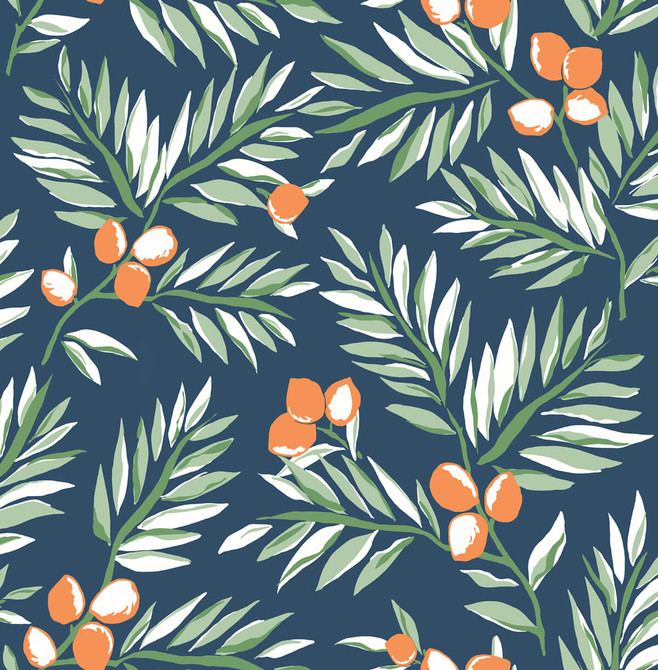 Seabrook Wallpaper Citrus Branch Navy, Sage, & Orange NextWall Peel & Stick  United States 30.75 20.87" 20.5"  - My Fabric Connection -