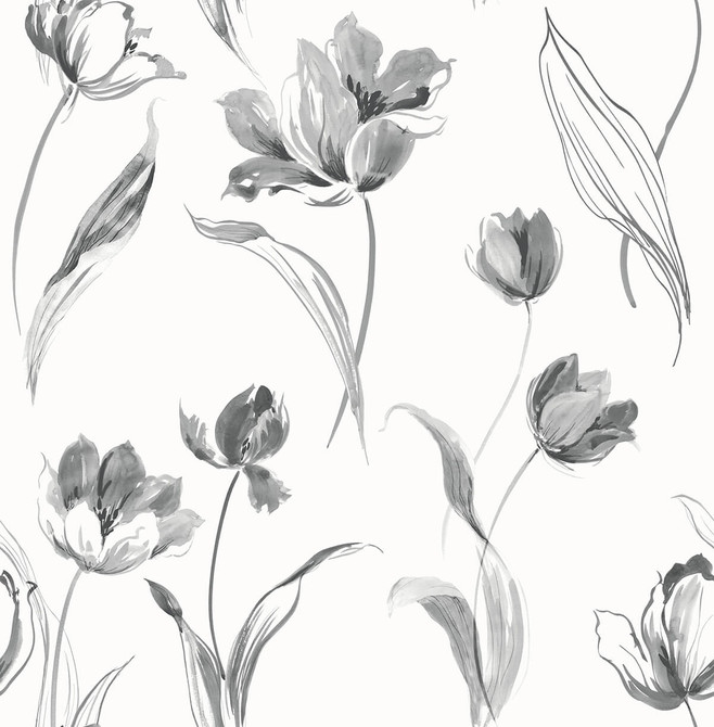 Seabrook Wallpaper Tulip Toss Black and White NextWall Peel & Stick  United States 30.75 20.87" 20.5"  - My Fabric Connection -