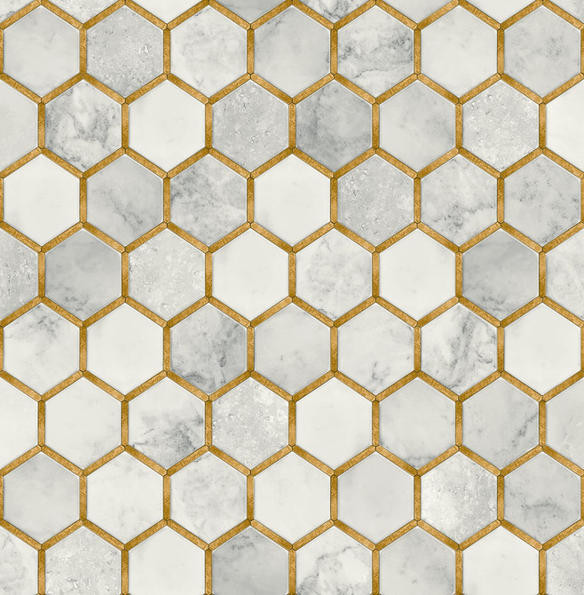 Seabrook Wallpaper Inlay Hexagon Alaska Grey & Metallic Gold NextWall Peel & Stick  United States 30.75 20.87" 20.5"  - My Fabric Connection -