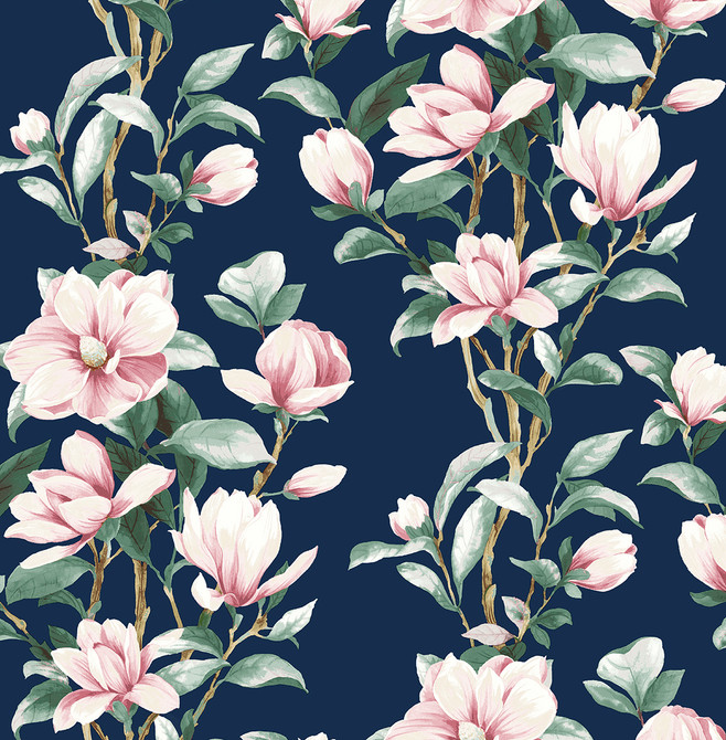 Seabrook Wallpaper Magnolia Trail Navy & Blush NextWall Peel & Stick  United States 30.75 20.87" 20.5"  - My Fabric Connection -