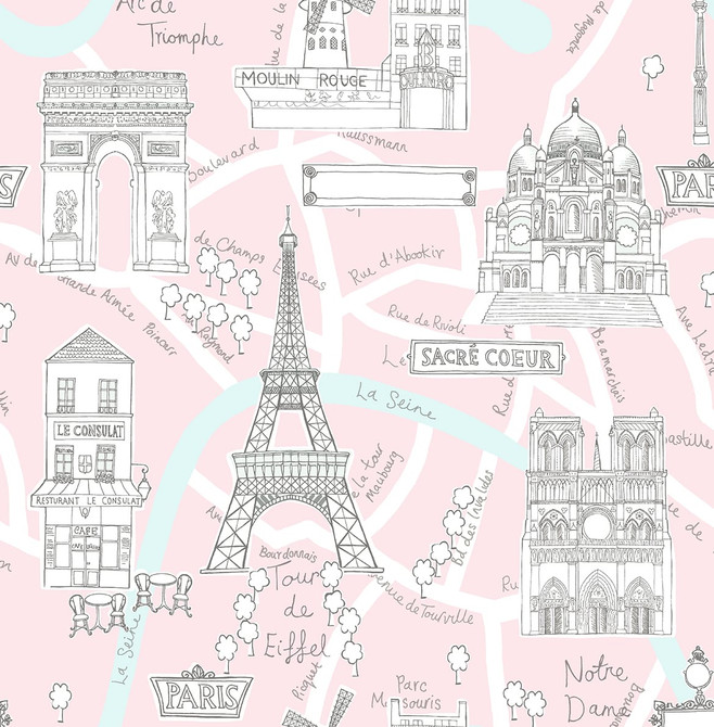 Seabrook Wallpaper Paris Scene Pale Pink NextWall Peel & Stick  United States 30.75 20.87" 20.5"  - My Fabric Connection -
