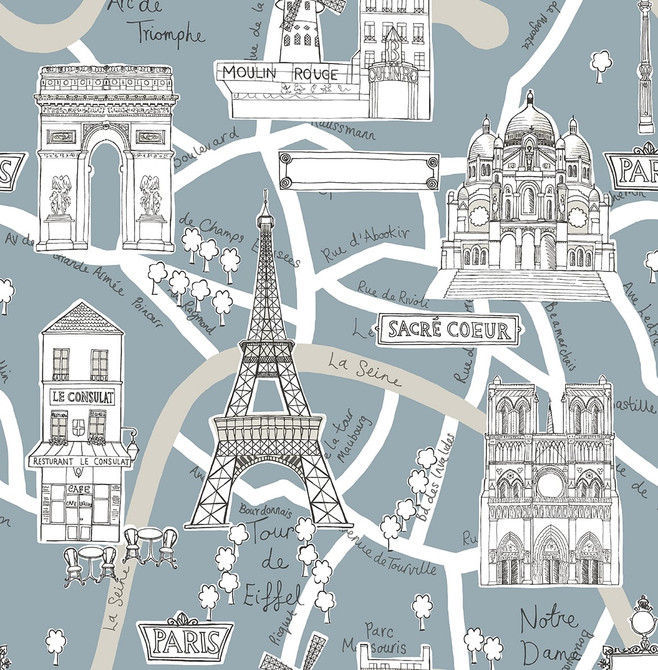 Seabrook Wallpaper Paris Scene Smokey Blue NextWall Peel & Stick  United States 30.75 20.87" 20.5"  - My Fabric Connection -