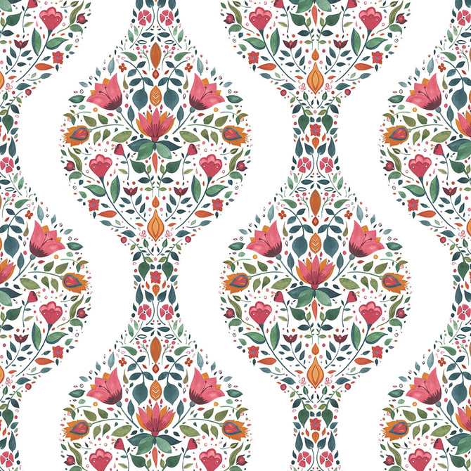 Seabrook Wallpaper Floral Ogee Rose Pink & Spruce NextWall Peel & Stick  United States 30.75 6.3" 20.5"  - My Fabric Connection -