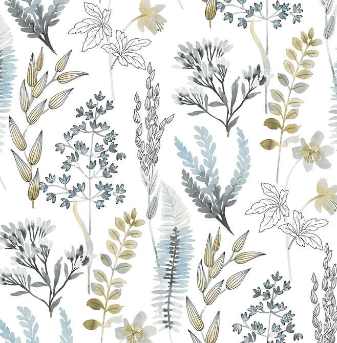 Seabrook Wallpaper Wild Garden Glacier Blue & Matte Brass NextWall Peel & Stick  United States 30.75 20.87" 20.5"  - My Fabric Connection -