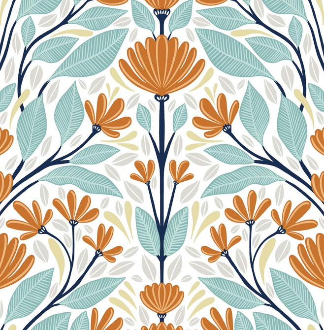 Seabrook Wallpaper Folk Floral Verdigris & Orange NextWall Peel & Stick  United States 30.75 20.87" 20.5"  - My Fabric Connection -