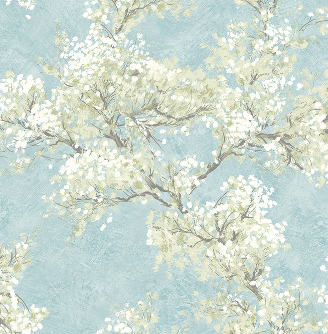 Seabrook Wallpaper Cherry Blossom Grove Blue Mist & Green Tea NextWall Peel & Stick  United States 30.75 20.87" 20.5"  - My Fabric Connection -