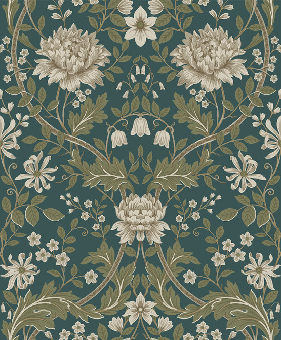 Seabrook Wallpaper Honeysuckle Floral Prepasted Teal & Moss Green Etten Prepasted Wallcoverings  Netherlands 57 25.2" 20.9"  - My Fabric Connection -
