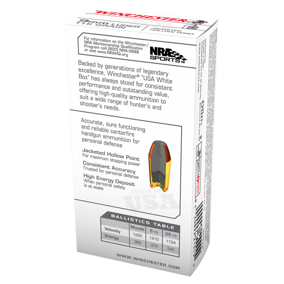 Winchester 9mm Luger 115gr Jacketed Hollow Point 50rd USA9JHP56922