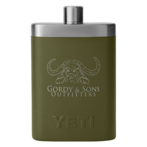 YETI Flask in Olive engraved with Gordy & Sons Black Death Logo