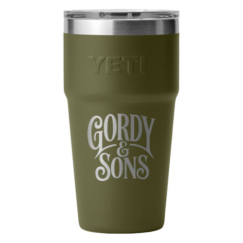 YETI Rambler® Stackable Cup 20 oz engraved with the Gordy & Sons Nouveau Logo in Olive/King Crab Orange