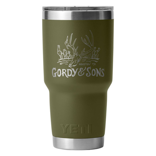 YETI Rambler® Tumbler 30 oz in Olive/King Crab Orange, engraved with Gordy & Sons Deadhead Logo