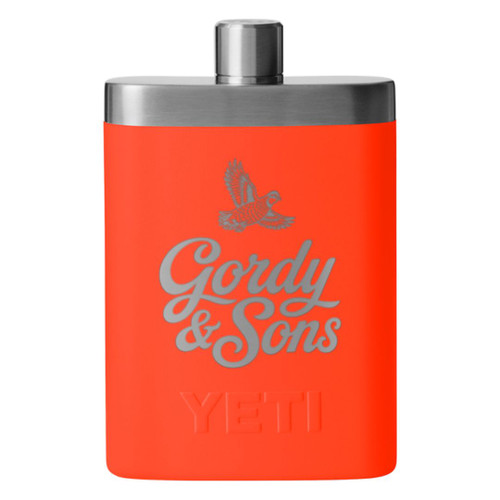 YETI Flask in Solar Flare engraved with Gordy & Sons Flushing Quail Logo