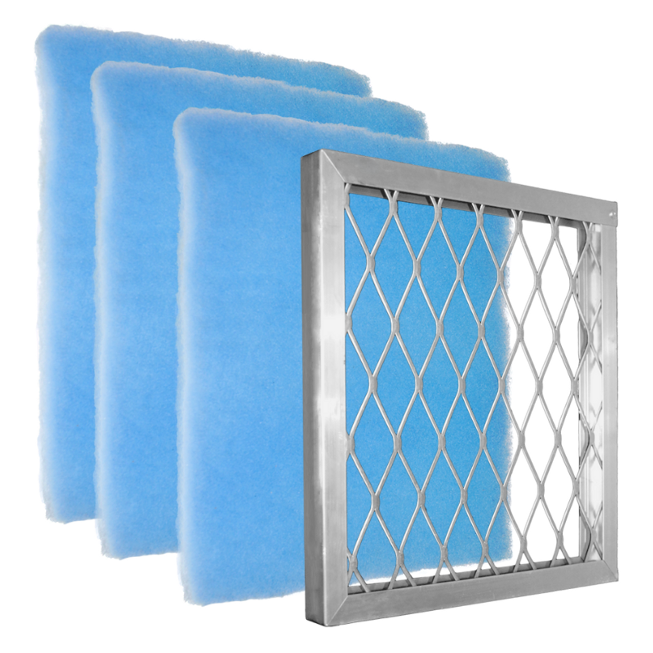 Starter Pack Blue Screen is an all in one bundle with Aluminum Frame and 3 Blue Screen air filters. Most affordable! The design of the Blue Screen has 2 zones which gives a higher dust-loading capacity than pleated with the Best Air Flow for the HVAC system. It does not have the anti-microbial and tackifier for allergies as the Green and Orange Screens. Often used for Commercial, Restaurant, Retail locations.  The air filters are pre-cut to size.    Comparable to MERV 7
