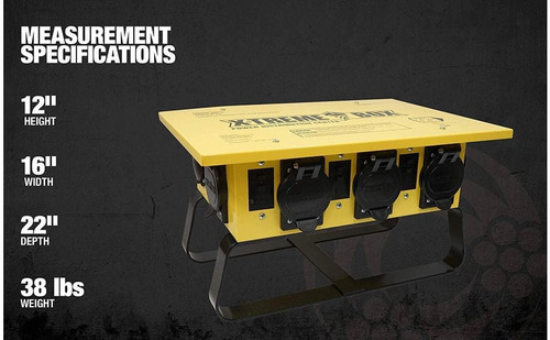 50A 125/250V Temporary Power Distribution Box – X-Treme Box with 6 Outlets, U-Ground & Straight Blade, LED Base