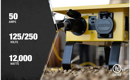 50A 125/250V Temporary Power Distribution Box – X-Treme Box with 6 Outlets, U-Ground & Straight Blade, LED Base