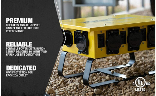 50A 125/250V Temporary Power Distribution Box – X-Treme Box with 6 Outlets, U-Ground & Straight Blade, LED Base