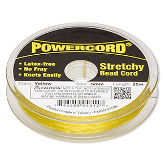 Cord, Powercord®, elastic, yellow , 0.5mm, 4 pound test. Sold per 25-meter spool.