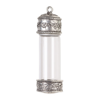Focal, antique silver-finished "pewter" (zinc-based alloy) and glass, clear, 59.5x20.5mm bottle with twist off top and vine design. Sold individually.