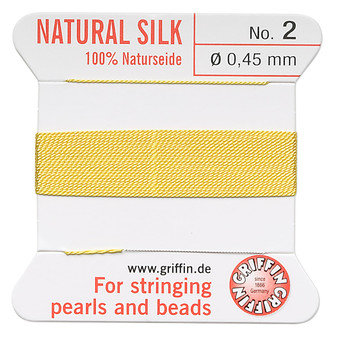 Griffin Thread, Silk 2-yard card with integrated flexible stainless steel needle Size 2 (0.45mm) Yellow