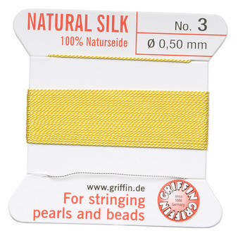 Griffin Thread, Silk 2-yard card with integrated flexible stainless steel needle Size 3 (0.5mm) Yellow