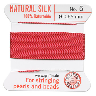 Griffin Thread, Silk 2-yard card with integrated flexible stainless steel needle Size 5 (0.65mm) Red