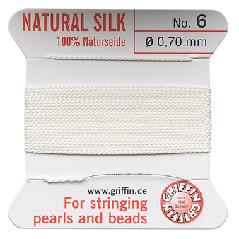 Griffin Thread, Silk 2-yard card with integrated flexible stainless steel needle Size 6 (0.7mm) White