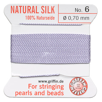 Griffin Thread, Silk 2-yard card with integrated flexible stainless steel needle Size 6 (0.7mm) Lilac