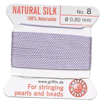 Griffin Thread, Silk 2-yard card with integrated flexible stainless steel needle Size 8 (0.8mm) Lilac