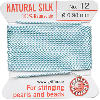 Griffin Thread, Silk 2-yard card with integrated flexible stainless steel needle Size 12 (0.98mm) Turquoise Blue