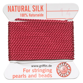 Griffin Thread, Silk 2-yard card with integrated flexible stainless steel needle Size 14 (1.02mm) Garnet Red