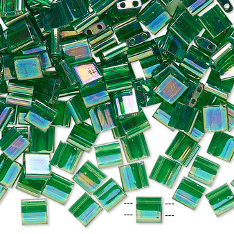 TL179 - Miyuki Tila - Transparent Rainbow Pistachio - 10gms - Two Hole Square glass beads