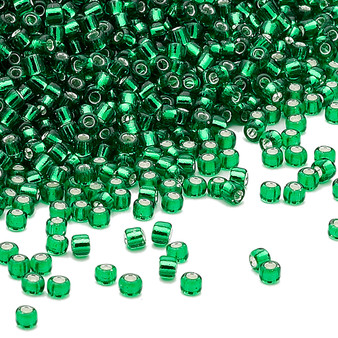 Seed bead, Dyna-Mites™, glass, silver-lined transparent emerald green, #11 round. Sold per 40-gram pkg.