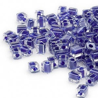 SB4-239 - Miyuki - 4mm - Clear Colour Lined Cobalt - 250gms - 4mm Square Glass Bead