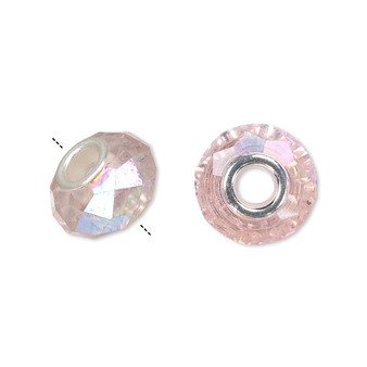 Bead, Dione®, Celestial Crystal® and silver-plated brass, 32-facet, pink AB, 13x9mm-14x10mm faceted rondelle. Sold per pkg of 10.