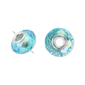 Bead, Dione®, Celestial Crystal® and silver-plated brass, 32-facet, turquoise blue AB, 13x9mm-14x10mm faceted rondelle. Sold per pkg of 10.