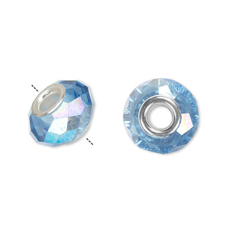 Bead, Dione®, Celestial Crystal® and silver-plated brass, 32-facet, medium blue AB, 13x9mm-14x10mm faceted rondelle. Sold per pkg of 10.