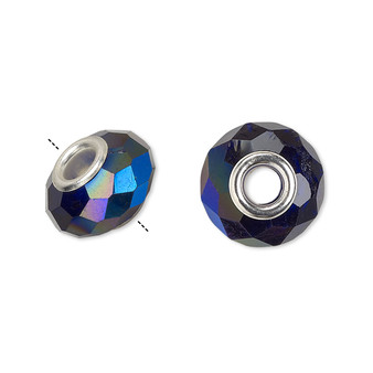 Bead, Dione®, Celestial Crystal® and silver-plated brass, 32-facet, cobalt AB, 13x9mm-14x10mm faceted rondelle. Sold per pkg of 10.