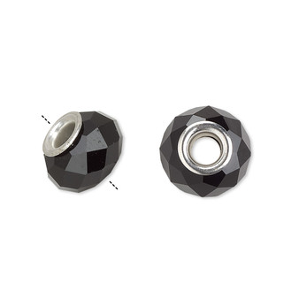 Bead, Dione®, Celestial Crystal® and silver-plated brass, 32-facet, black, 13x9mm-14x10mm faceted rondelle. Sold per pkg of 10.