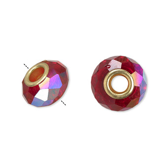Bead, Dione®, Celestial Crystal® and gold-finished brass, 32-facet, red AB, 13x9mm-14x10mm faceted rondelle. Sold per pkg of 10.