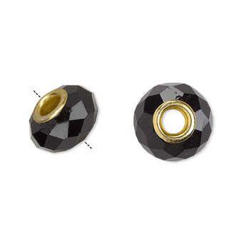 Bead, Dione®, Celestial Crystal® and gold-finished brass, 32-facet, black, 13x9mm-14x10mm faceted rondelle. Sold per pkg of 10.