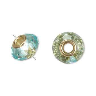 Bead, Dione®, Celestial Crystal® and gold-finished brass, 32-facet, turquoise blue, 13x9mm-14x10mm faceted rondelle. Sold per pkg of 10.