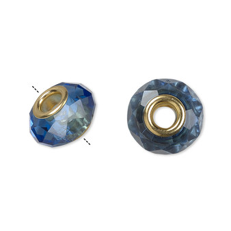 Bead, Dione®, Celestial Crystal® and gold-finished brass, 32-facet, medium blue, 13x9mm-14x10mm faceted rondelle. Sold per pkg of 10.