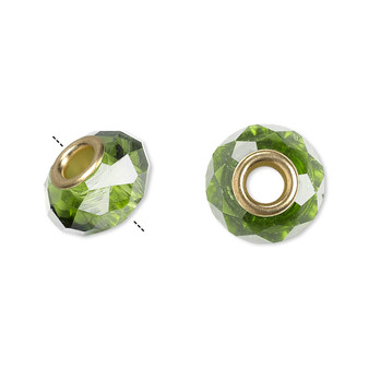 Bead, Dione®, Celestial Crystal® and gold-finished brass, 32-facet, green, 13x9mm-14x10mm faceted rondelle. Sold per pkg of 10.
