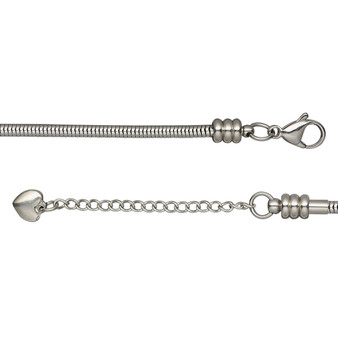 Bracelet, Dione® Easy-On Chain, stainless steel, 3.1mm snake, 8 inches with 3.8mm threaded ends and 2-inch extender chain with 8x7.5mm heart and lobster claw clasp. Sold individually.